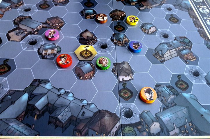 Personagens posicionados no tabuleiro do jogo Mr. Jack