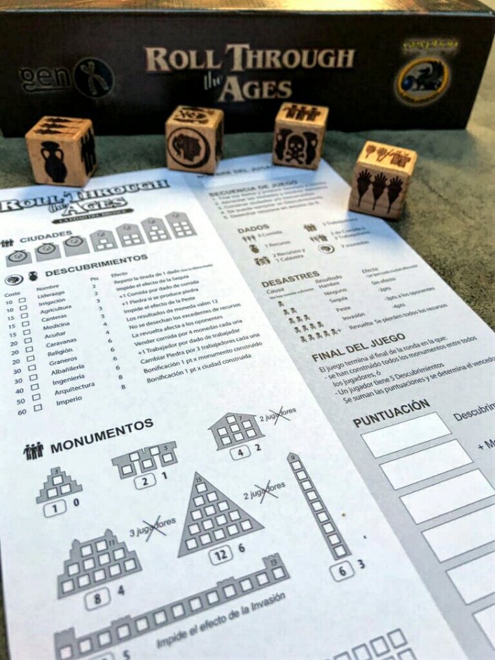 Folha onde você anota seu progresso no jogo Roll Through the Ages